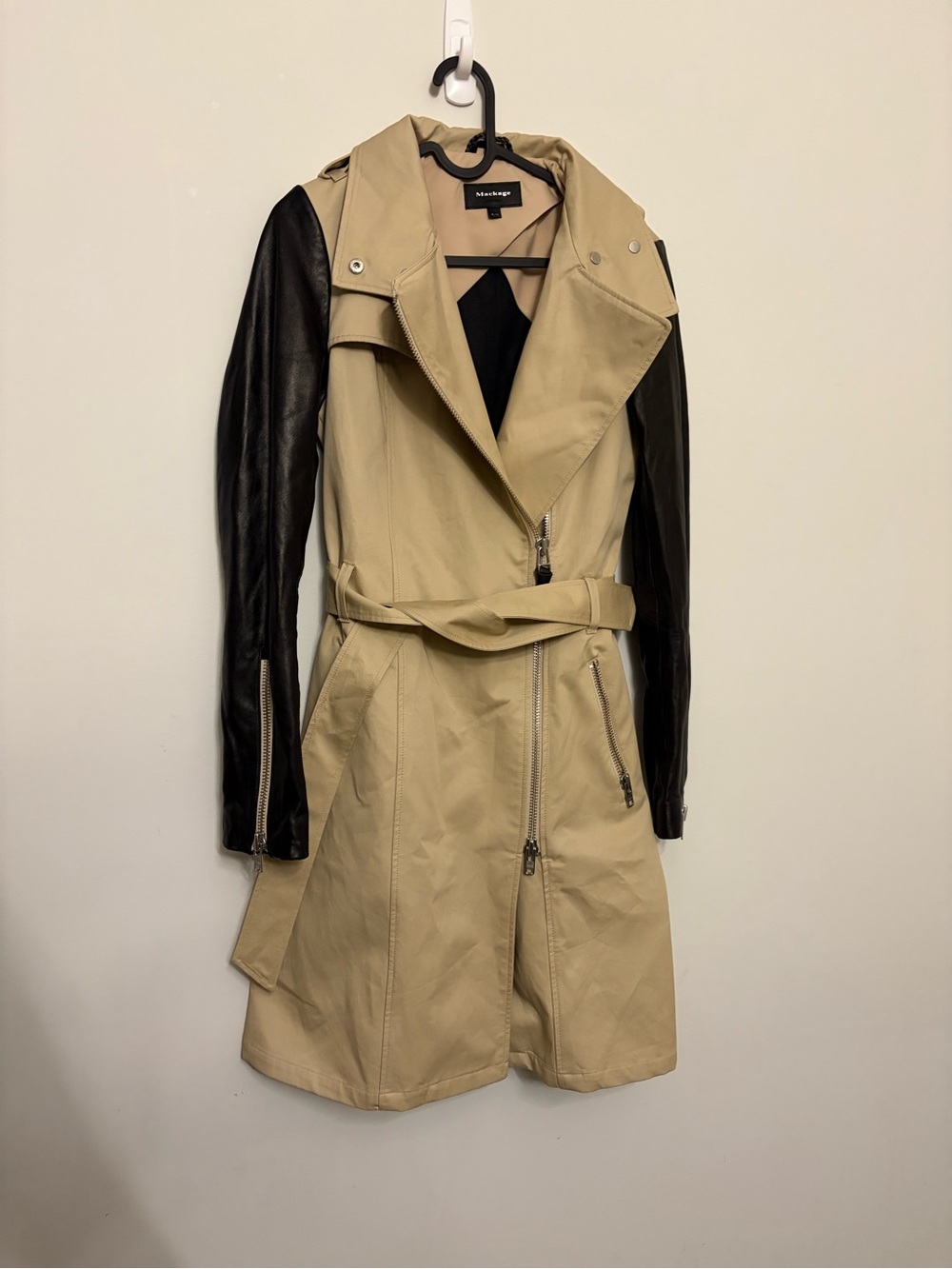 Mackage Two-Tone Leather-Sleeve Trench Coat in Tan & Black